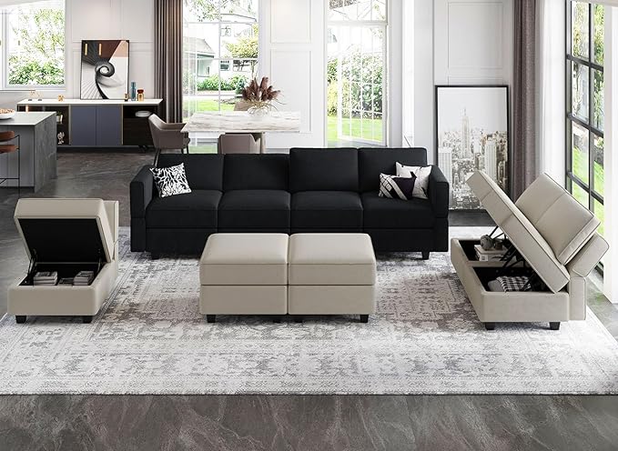 Belffin Modular Sectional Sofa with Reversible Chaises Velvet U Shaped Sectional Couch with Storage Seat Black