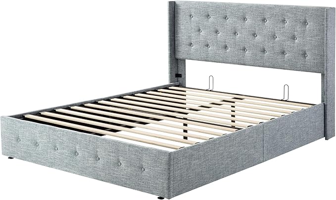 Allewie Full Size Lift Up Storage Bed, Button Tufted Headboard with Wingback, Hydraulic Support, No Box Spring Needed, Grey Blue