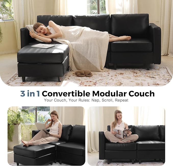 ABCASA 64.6" Faux Leather Loveseat Sleeper Sofa Bed with Storage Seat, Modern Modular Sectional Couch Deep Seat with Reversible Chaise 2-Seat Black for Apartment, Living Room, Bedroom