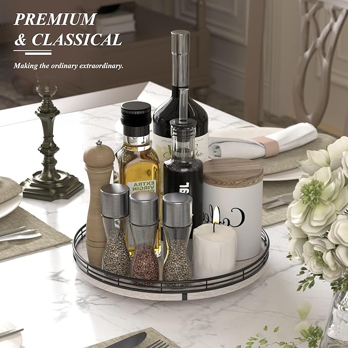 12" Farmhouse Lazy Susan for Kitchen & Coffee Table Decor โ Rustic Wood Tray with Black Metal Frame, Decorative Centerpiece for Dining Room, Ottoman, Living Room, Serving or Vanity Use