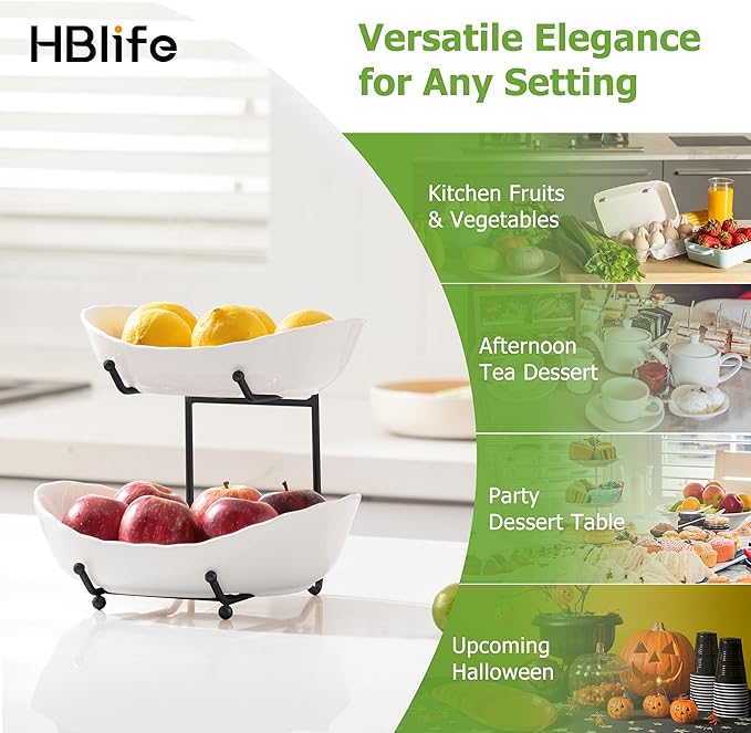 HBlife Fruit Bowl for Kitchen Counter - 2 Tier Ceramic Fruit Rack, Fruit Basket for Fresh Fruit&Veggies, Tiered Fruit Platter Serving Trays for Party