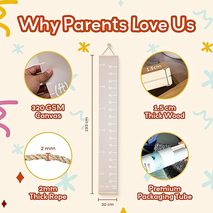 Height Chart for Kids Customizable Kids Height Wall Chart with Stickers, Marker & Hook Hanging Growth Chart Measurement for Wall Easy Installation for Baby Room Nursery and Playroom
