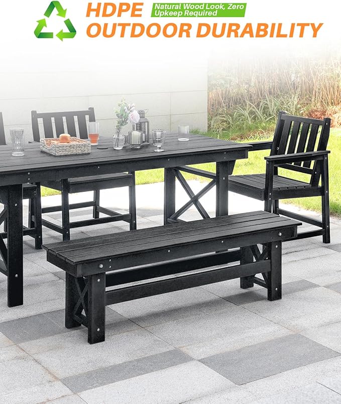 HDPE Outdoor Dining Set of 6, Patio Dining Table Set with 4 Chairs and 1 Bench, 6 Pieces HDPE Dining Set with Umbrella Hole, Outdoor Furniture Sets for Deck, Poolside, Garden, Obsidian