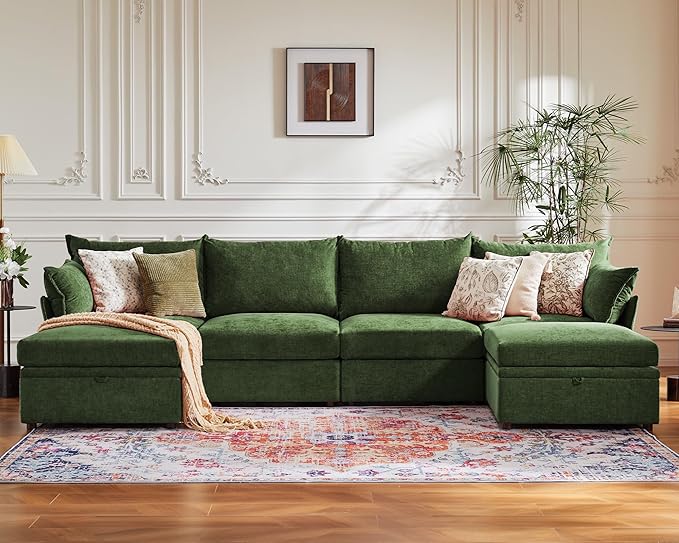 134.6" Oversized Modular Sectional Sofa, 6 Seater U Shaped Couch with Storage Ottoman with Reversible Chaise Deep Seat for Living Room, Apartment - Chenille Green