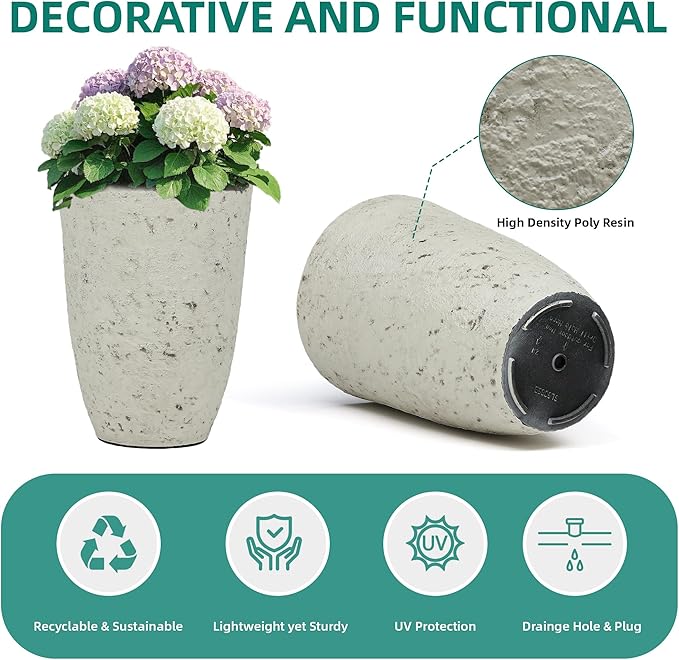 19.5" Resin Tall Planters for Outdoor Plants, Set of 2 Country White Large Flower Pots with Handmade Birch Bark Texture, Heavy-Duty and Weather-Resistant for Year Round Indoor Outdoor use