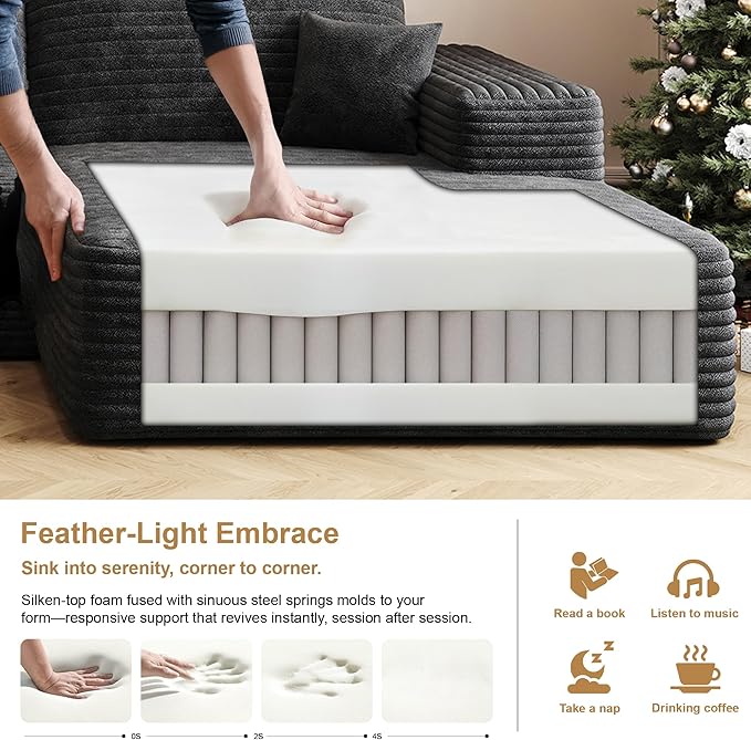 136" Sectional Couches for Living Room Modern Modular Sofa with L-Shape Couchs Upholstered Boneless Couch Deep Seat Sectional Couch with Chaise (Black, Right Facing Chaise+3Seaters)