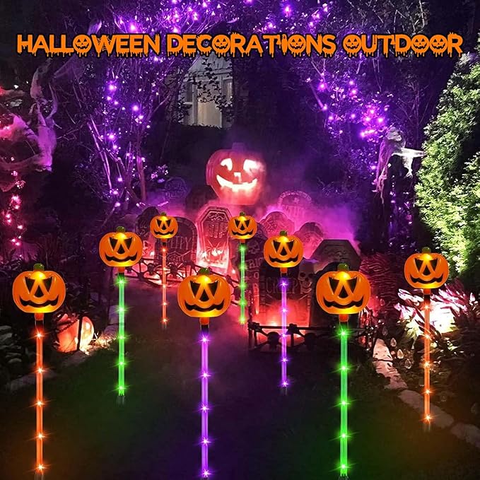 12 Pack Solar Pumpkin Lights for Halloween Decorations Outdoor, Waterproof Halloween Pathway Lights with 8 Modes, Orange Purple and Green Halloween Walkway Stake Lights for Yard Garden Party Decor