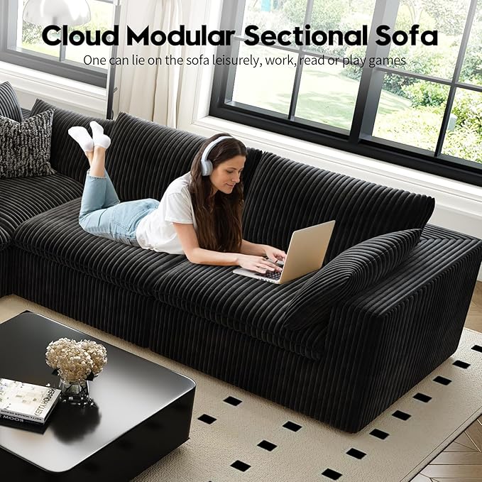 157.5" Cloud Couch Modular Sectional Sofa for Living Room,Modern Sofa with Deep Seat,L-Shape Boneless Couch with Ottoman,Comfy Upholstered Corduroy Couches for Apartment, Studio, Office,Bedroom,Black