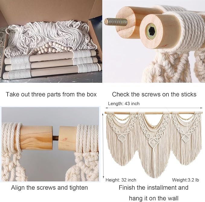 Achart Macrame Wall Hanging Large- Boho Wall Decor- large wall art- Wall Decor Living Room- Macrame Tapestry Boho Decor for Bedroom (Wooden Bead)