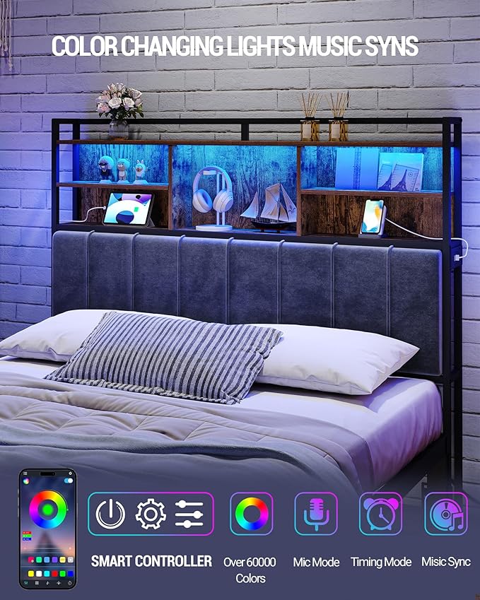 Headboard with 3-Tier Storage Shelves, Velvet Upholstered Head Board with 2 Outlets, USB Ports & LED Light, Soft Backrest for Queen Size Bed, Rustic Brown and Black BH15201BV1