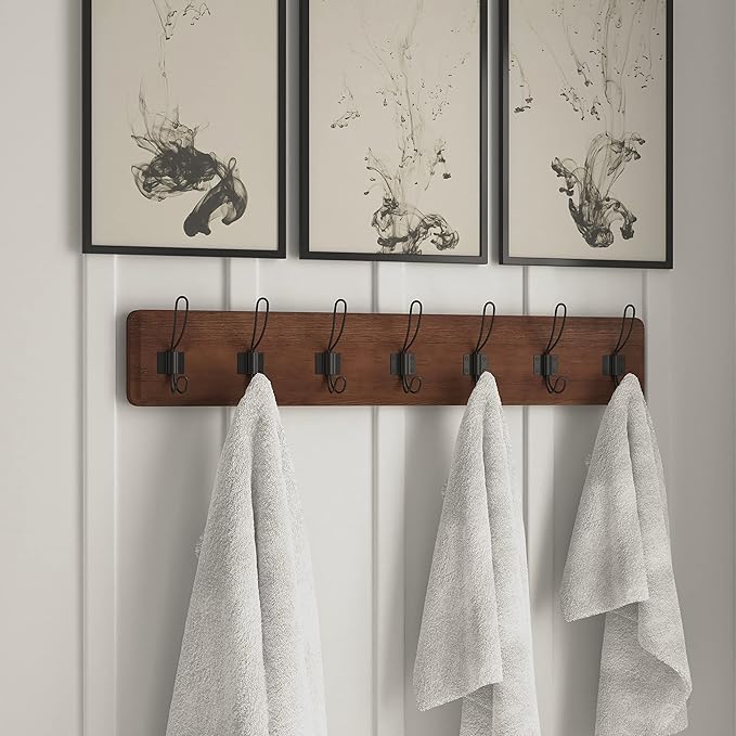 HBCY Creations Rustic Brown Solid Wood Wall Mounted Coat Rack with Shelf, 7 Hooks, 34" Long - Kitchen, Mudroom, Entryway, Bathroom - Includes Mounting Hardware, Coat Hanger, Dog Leash Hooks