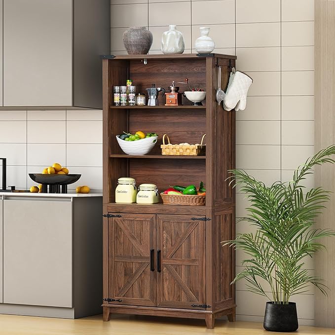 70in Tall Bookshelf 5 Tier Bookcase with Barn Doors and Adjustable Shelves, Brown Farmhouse Book Shelf with Storage Cabinet, Wood Freestanding Display Bookshelves for Bedroom, Kitchen (3PCS)