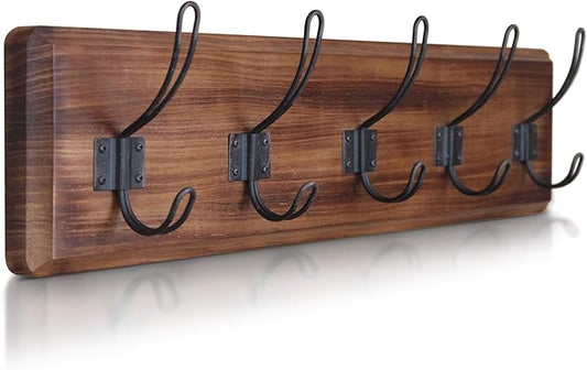 HBCY Creations Dark Wash Brown Rustic Coat Rack Wall Mount with 5 Hooks, Solid Pine Wood 24 inch Wall Hooks for Entryway, Mudroom, Hallway, Bathroom - Vintage Farmhouse Style Wall Mounted Towel Rack