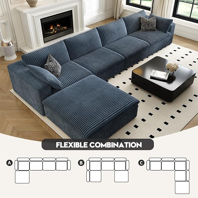 157.5" Cloud Couch Modular Sectional Sofa for Living Room,Modern Sofa with Deep Seat,L-Shape Boneless Couch with Ottoman,Comfy Upholstered Corduroy Couches for Apartment, Studio, Office,Bedroom,Blue