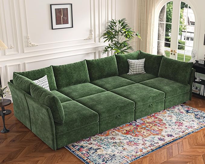 136.4" Oversized Modular Sectional Sofa, U Shaped Convertible Couch with Movable Ottoman, Large 7 Seat Corner Couches for Living Room Deep Seat Green Chenille