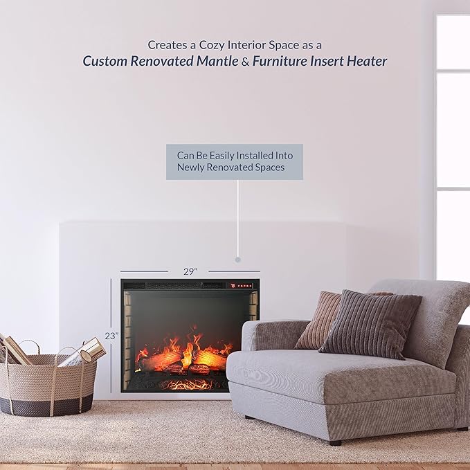 BELLEZE 28" Electric Fireplace, 1500 W 5000 BTU Space Heater with Adjustable Timer, Realistic Wood Log & Crackling Sound, Indoor Fireplace for TV Stand Mantel, Bedroom, Living Room