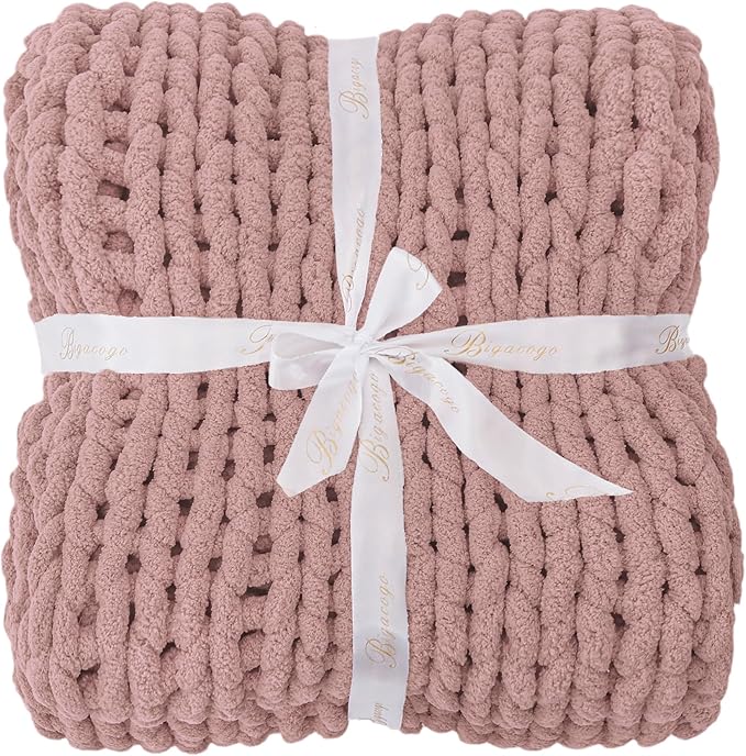 Bigacogo Chunky Knit Throw Blanket for Couch, 51x63 inches, 100% Hand Knitted with Thick Jumbo Chenille Yarn, Cozy Soft Large Rope Knot Cable Crochet Blankets for Sofa Bed Living Room, Dusty Pink