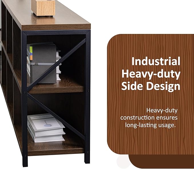 8 Cube Storage Organizer Bookshelf, Industrial Horizontal Bookcase, Accent Cubby Shelf, Media Console Table for Living Room, Home Office, 63 Inches, Brown Walnut