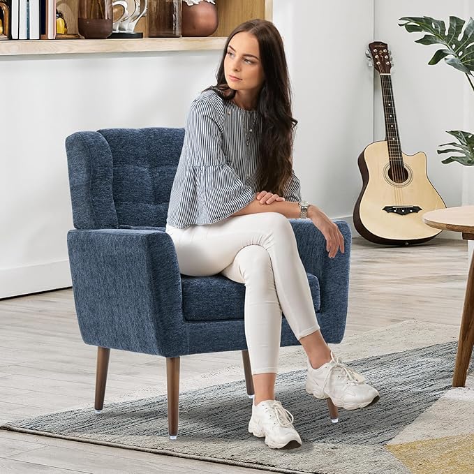 Accent Chair Set of 2, Upholstered Armchair with Pillow, Fabric Single Sofa Chair with Lounge Seat and Wood Legs Accent Chair for Living Room Small Spaces (Dark Blue, Set of 2)