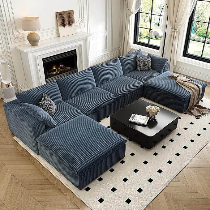 157.5" Cloud Couch Oversized Modular Sectional Sofa for Living Room,Modern Sofa with Deep Seat,U-Shape Boneless Couch with 2 Ottoman,Comfy Upholstered Couches for Apartment, Studio, Office,Blue