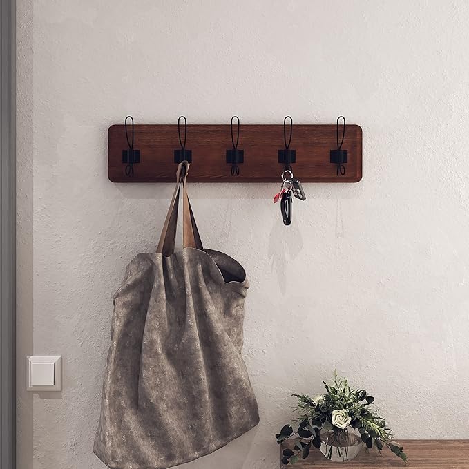 HBCY Creations Dark Wash Brown Rustic Coat Rack Wall Mount with 5 Hooks, Solid Pine Wood 24 inch Wall Hooks for Entryway, Mudroom, Hallway, Bathroom - Vintage Farmhouse Style Wall Mounted Towel Rack