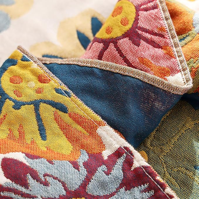 Boho Muslin Blanket for Adults 4-Layer Gauze Twin Size Soft Cozy 100% Cotton Summer Cooling Blanket Floral Decor for Sofa Bed Coverlet Both Sides (Daisy Floral, Twin 60 x 80 in)