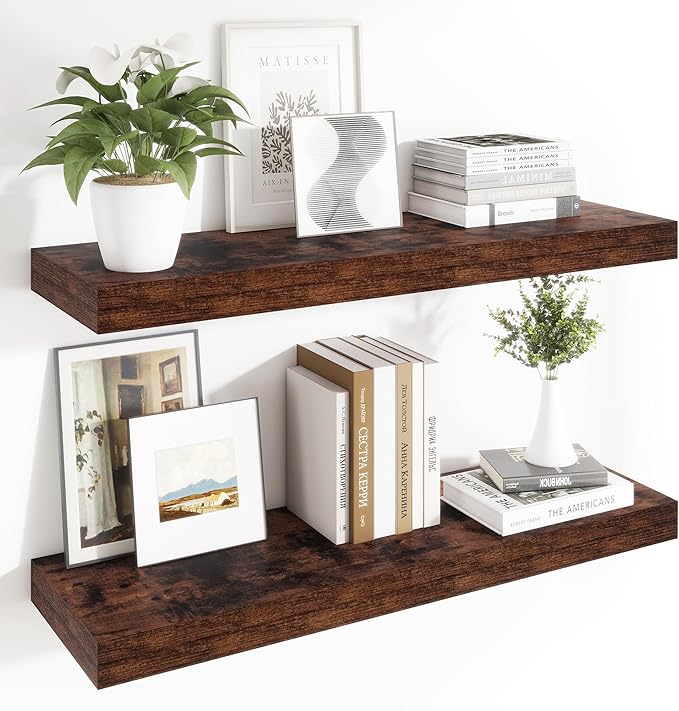 Heimlove 12 Inch Deep Floating Shelves, 48 x 12 inches Long Wall Shelf, Large Display Shelf & Storage Shelf, Rustic Wood Wall Shelves for Fireplace Mantel, Set of 2(Rustic Brown)