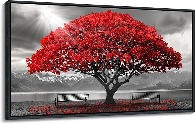 AJAZIKO Red Wall Art - Modern Framed Wall Art for Living Room - Red Tree Black and White Landscape Canvas Prints Posters & Prints for Home Office Bedroom Decorations - Large Wall Pictures 29×58IN