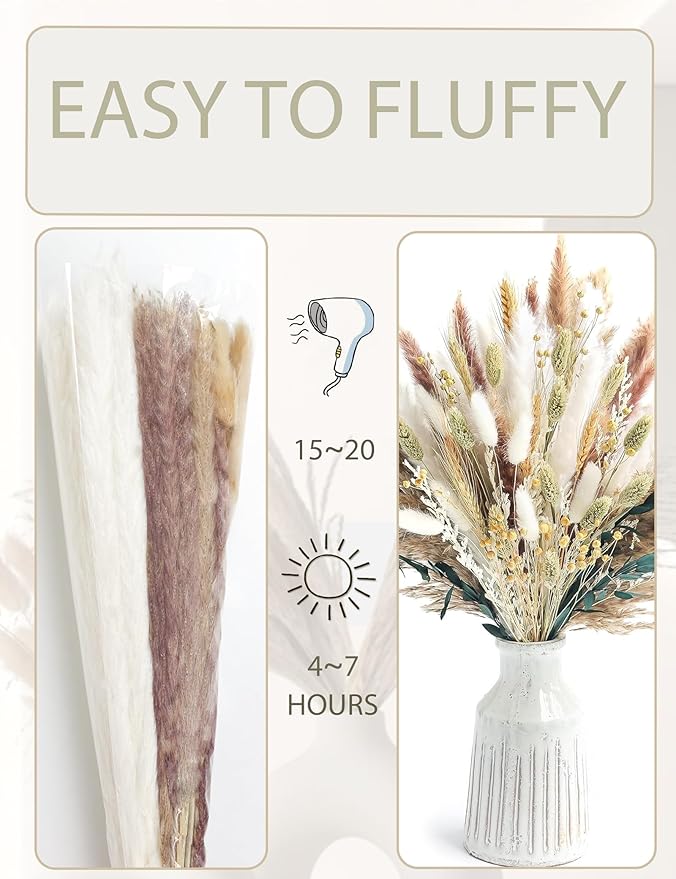 126pcs Dried Pampas Grass Decorations, Dried Flowers, Dried Bouquet in Vase, Reed Grass Bouquet for Boho Floral Wedding, Rustic Farmhouse Decor. (Vase Not Included)