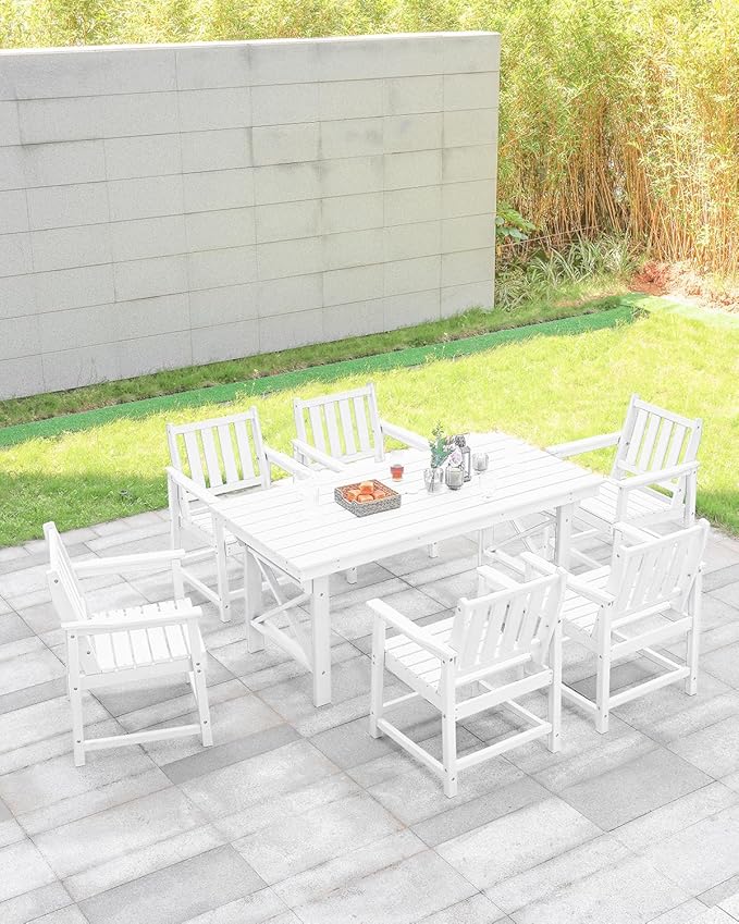 HDPE Outdoor Dining Table, 66.9” Rectangle Patio Dining Table for 6, All-Weather HDPE Outdoor Table with 2.2” Umbrella Hole, HDPE Patio Furniture for Deck, Backyard, Garden, Pool, Pearl