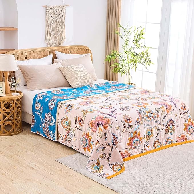 Boho Throw Blanket for Bed, 100% Cotton Soft Rustic Quilt Fall Blanket, 60"x80" Floral Printed Farmhouse Decor Bed Blankets, All Season Rustic Reversible Bohemian Throw Quilt