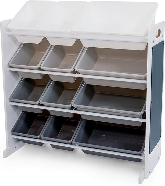 12-Bin Toy Organizer β White/Grey Gradient Ombre Frame with Chalkboard, Eraser & Chalk, Multi-Tier Storage for Kids' Playrooms and Nurseries