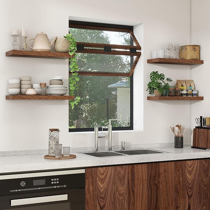 Heimlove 24 inch Floating Shelves for Wall,9.3 inch deep Brown Bathroom Over Toilet Shelf,Wall Mounted Rustic Wood Shelves for,Bedroom,Living Room,Kitchen,Office Decor Set of 2-Brown