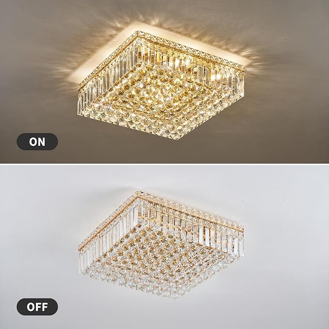 12-Lights Gold Crystal Flush Mount Ceiling Light Fixtures,Elegant Crystal Chandelier Pendant Ceiling Lamp for Bedroom,Living Room,Dining Room,Hallway H5.9 x W20 x L20 (Bulb Not Included) Square