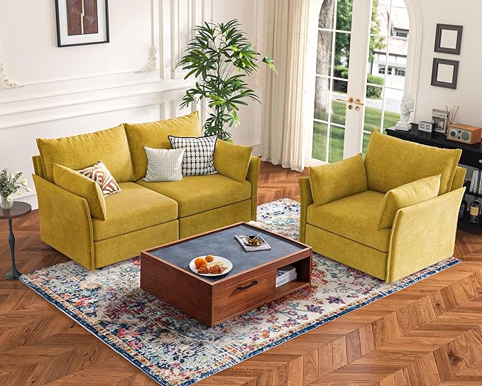 134.6" Modular Sectional Sofa, Oversized 4 Seater Couch with Removable Yellow Chenille Fabric Cover, Deep Seat & High Backrest for Living Room, Office & Apartment