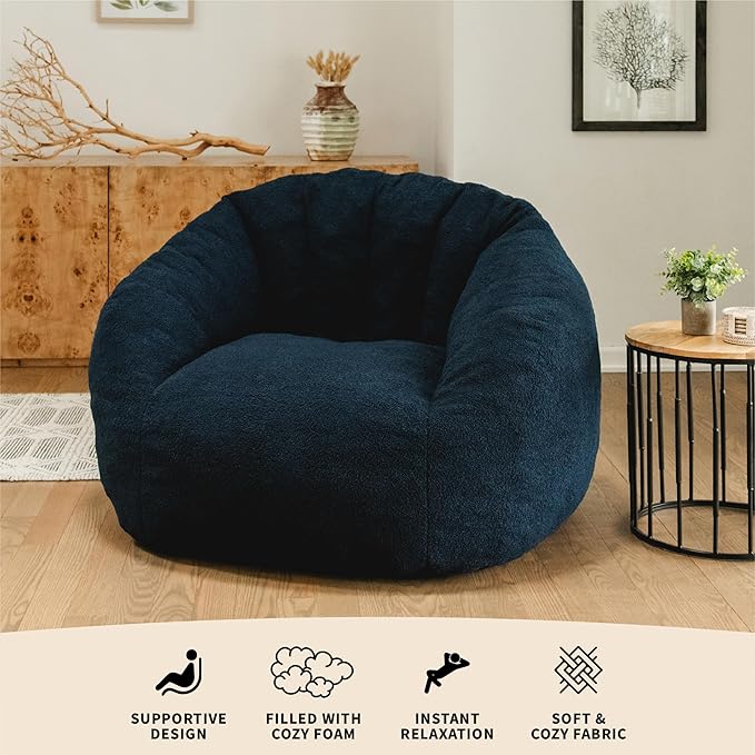 Big Joe Cloudberry Foam-Filled Structured Bean Bag Chair, Deep Blue Teddy Boucle