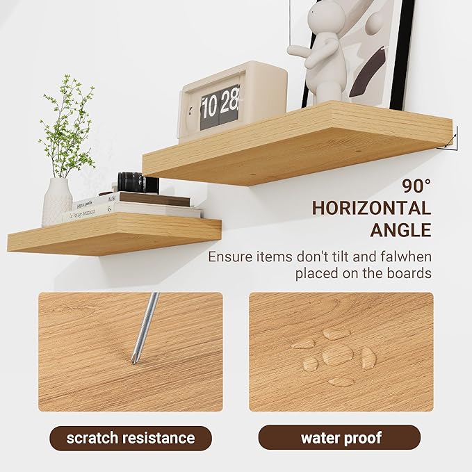 16 Inch Floating Shelves, 3D Textured Wood Grain, 16"x9.25"x1.5" Inch Deep Floating Shelves for Wall, Wooden Shelves for Bathroom, Bedroom, Living Room, Natural