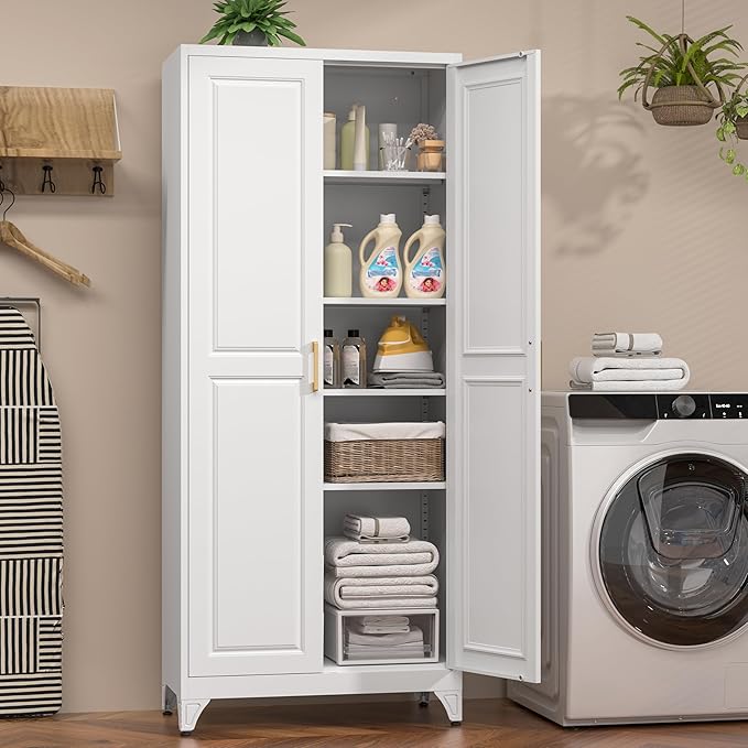 75" Kitchen Pantry Cabinet, White Metal Storage Cabinets with 2 Doors and 4 Adjustable Shelves, Tall Pantry Storage Cabinet for Kitchen, Dining Room, Living Room