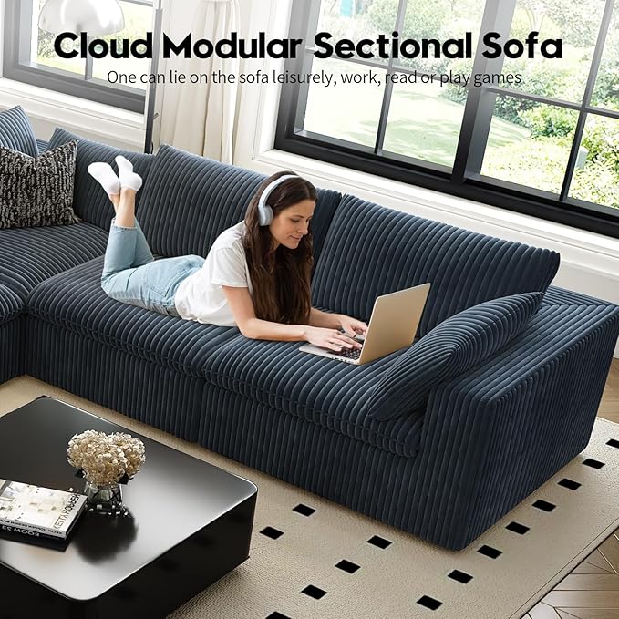 157.5" Cloud Couch Modular Sectional Sofa for Living Room,Modern Sofa with Deep Seat,4 Seater Boneless Couch,Comfy Upholstered Corduroy Couches for Apartment, Studio, Office,Bedroom,Blue