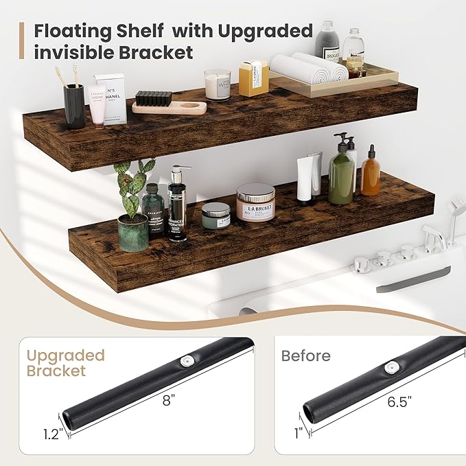 Heimlove 12" Deep Floating Shelves, 36 x 12 Inch Wall Mounted Long Floating Shelf with Invisible Brackets, for Home Decor, Bedroom, Kitchen, Living Room, Bathroom - 2 Pack, Rustic Brown