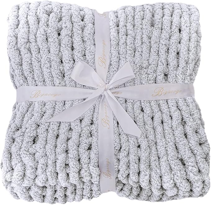 Bigacogo Chunky Knit Throw Blanket for Couch, 40x80 inches, 100% Hand Knitted with Thick Jumbo Chenille Yarn, Cozy Soft Large Rope Knot Cable Crochet Blankets for Sofa Bed Living Room, Light Grey