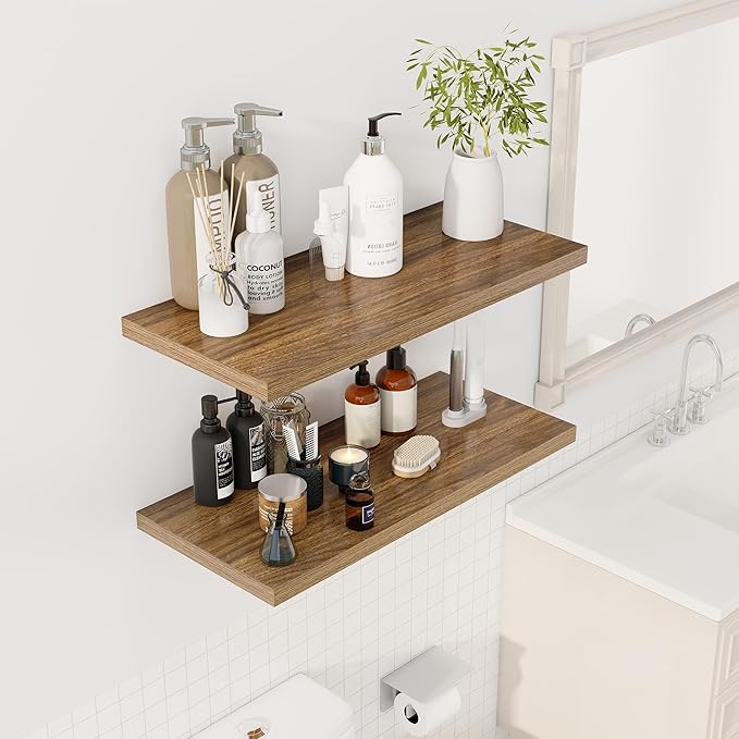 30" Floating Shelves for Wall, 12" Deep Slim Walnut Floating Shelves, Wall-Mounted Shelves for Bedroom, Living Room, Kitchen, Bathroom - Set of 2