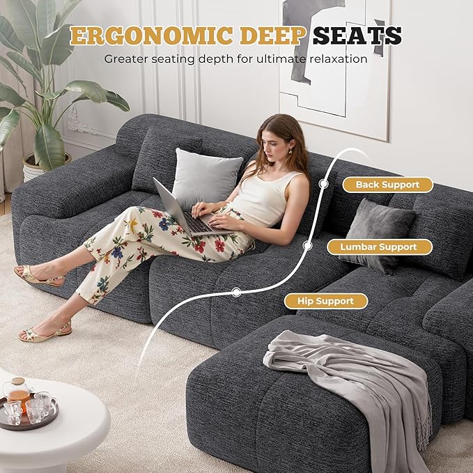 122" Modern L Shaped Modular Sectional Sofa, Boneless Couches for Living Room with Ottoman,4 Seater Convertible Chenille Cloud Couch Sofa Set, No Assembly Required, Grey-Black 1 PCS