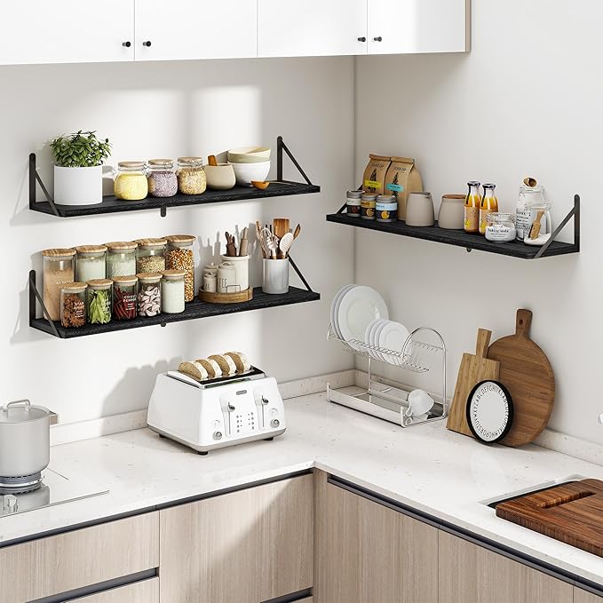 Heimlove 36 Inch Black Floating Bookshelves Set of 3,Heavy Duty Wall Mounted Bookshelves,Bookshelf for Living Room,Bedroom,Kitchen,Laundry Room Storage & Decor