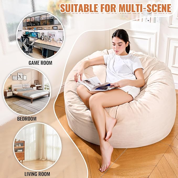 4FT Bean Bag Chair: Bean Bag with Velvet Cover, Fluffy and Comfy Bean Bag Chairs for Adults and Kids, Bean Bag Sofa Filled with High-Density Sponge for Gaming (Yellowish Beige)