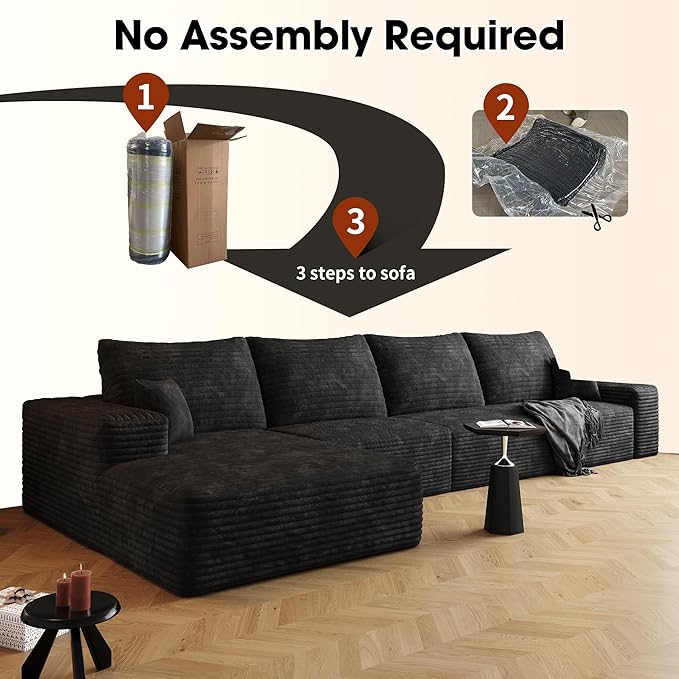 136" Sectional Couches for Living Room Modern Modular Sofa with L-Shape Couchs Upholstered Boneless Couch Deep Seat Sectional Couch with Chaise (Black, Left Facing Chaise+3Seaters)