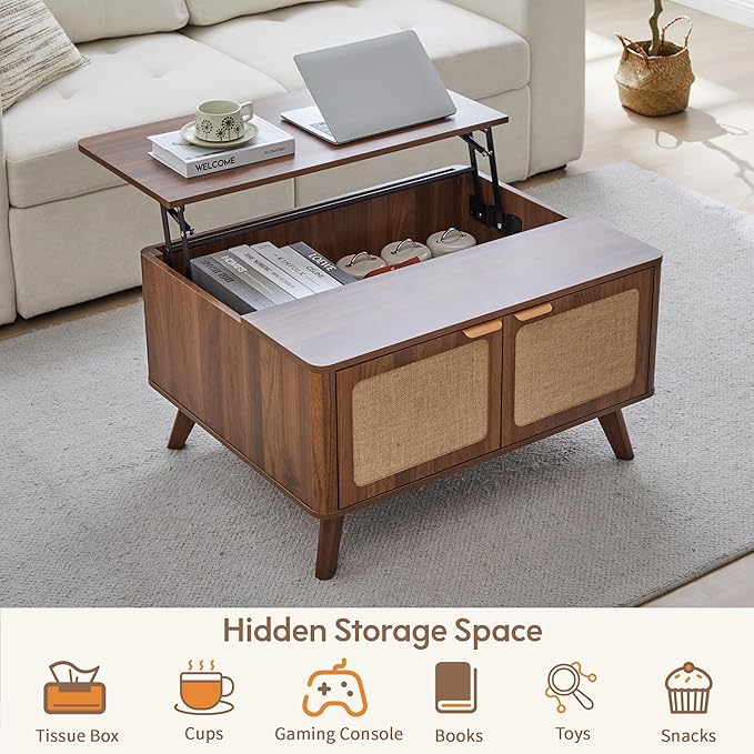 AVZEAR Lift Top Coffee Table with Storage, Mid Century Modern Coffee Table with Nature Linen Doors & Large Hidden Storage, Rounded Corners Center Table Farmhouse Coffee Tables for Living Room, Walnut
