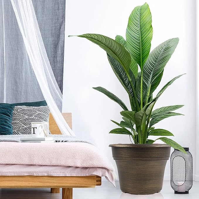 16 inch Plant Pots Outdoor Planters,4 Pack Large Plastic Flower Pot for Indoor Plants with Drainage Holes & Saucer, Resin Decorative Container Sets with Trays for House Outdoor Garden Plant Dark Gold