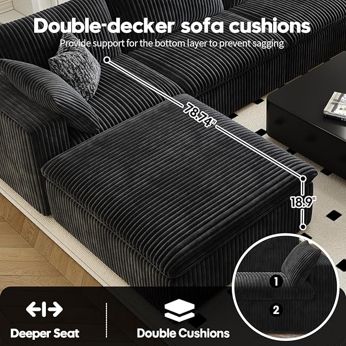 157.5" Cloud Couch Oversized Modular Sectional Sofa for Living Room,Modern Sofa with Deep Seat,U-Shape Boneless Couch with 2 Ottoman,Comfy Upholstered Couches for Apartment, Studio, Office,Black