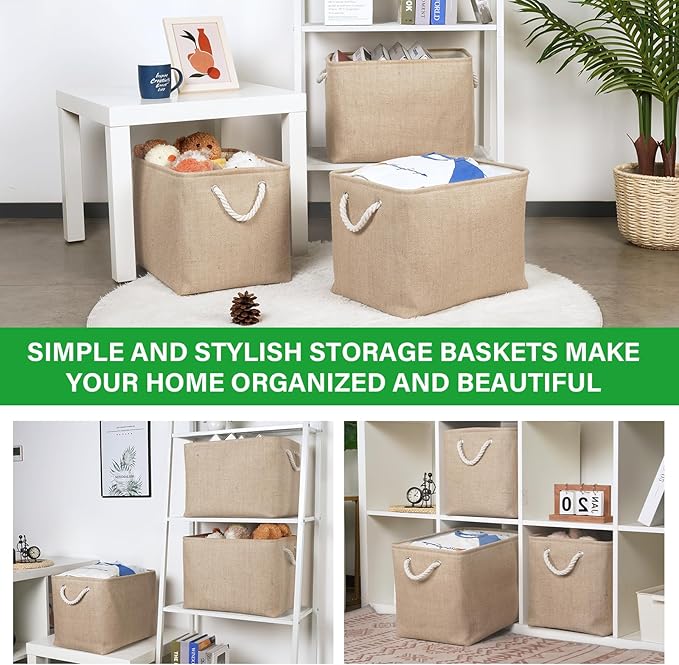 Bidtakay Fabric Storage Baskets for Shelves 3 Pack Large Storage Bins for Organizing Linen Collapsible Organizer for Closet-Flaxen